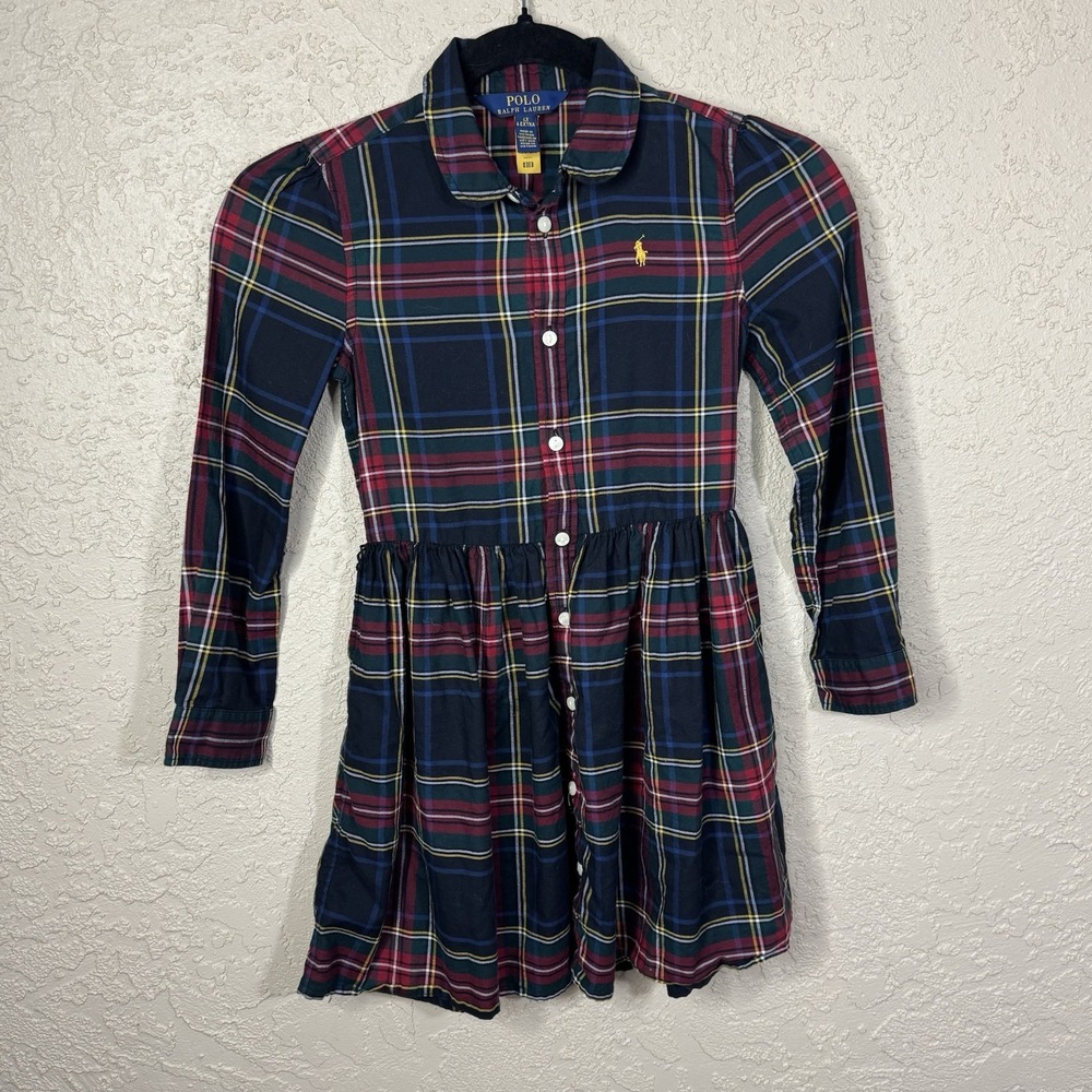 Polo Ralph Lauren Girls Plaid Shirt Dress Red Blue Tartan Size 6X Holiday Xmas